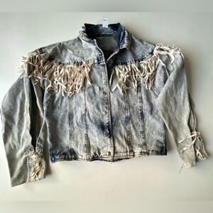 Womens Sports Fever vintage acid wash fringe Jean Denim jacket Size Large